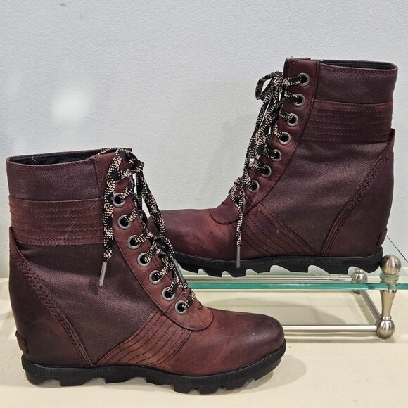 Sorel Lexi Burgandy Wedge Heel Lace Up Boots Leather Canvas Women’s Size 8.5 - Picture 2 of 11